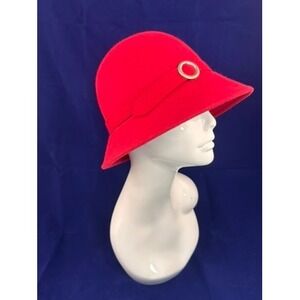 Red Wool Cloche Hat 90s Y2K Women Bucket Style One Size Retro